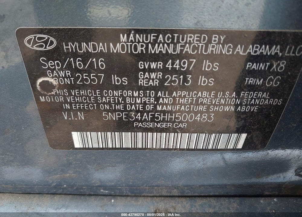 2017 HYUNDAI SONATA VIN: 5NPE34AF5HH500483