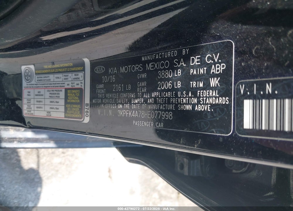 2017 KIA FORTE VIN: 3KPFK4A78HE077998