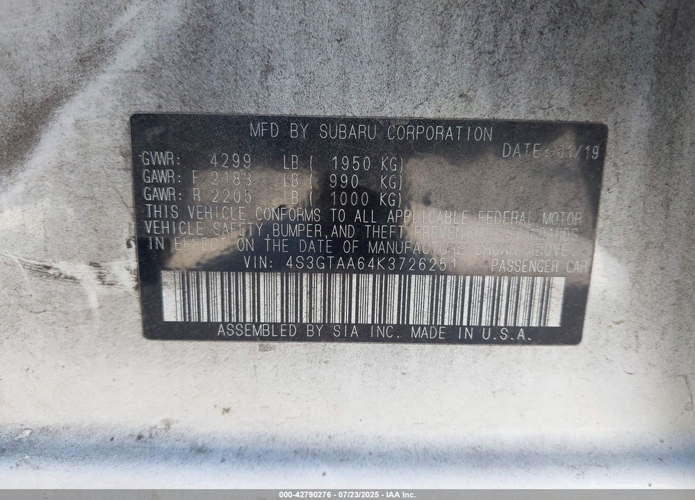 2019 SUBARU IMPREZA VIN: 4S3GTAA64K3726251