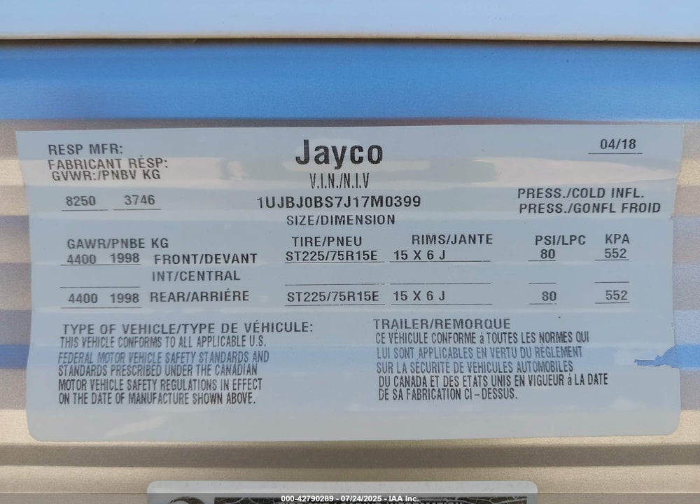 2018 JAYCO JAY FLIGHT SLX SERIES VIN: 1UJBJ0BS7J17M0399