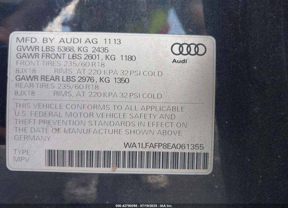 2014 AUDI Q5 VIN: WA1LFAFP8EA061355