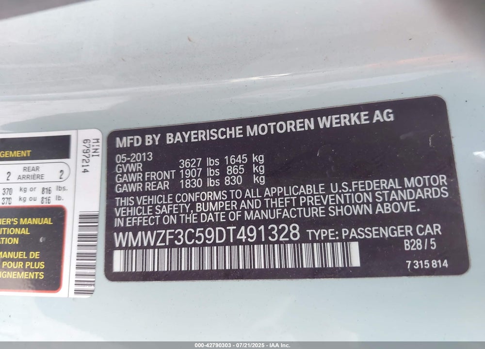 2013 MINI COOPER VIN: WMWZF3C59DT491328