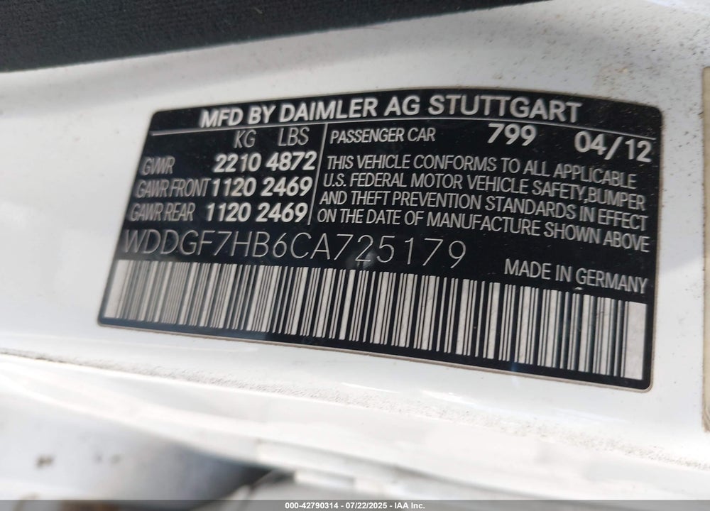 2012 MERCEDES-BENZ C CLASS VIN: WDDGF7HB6CA725179