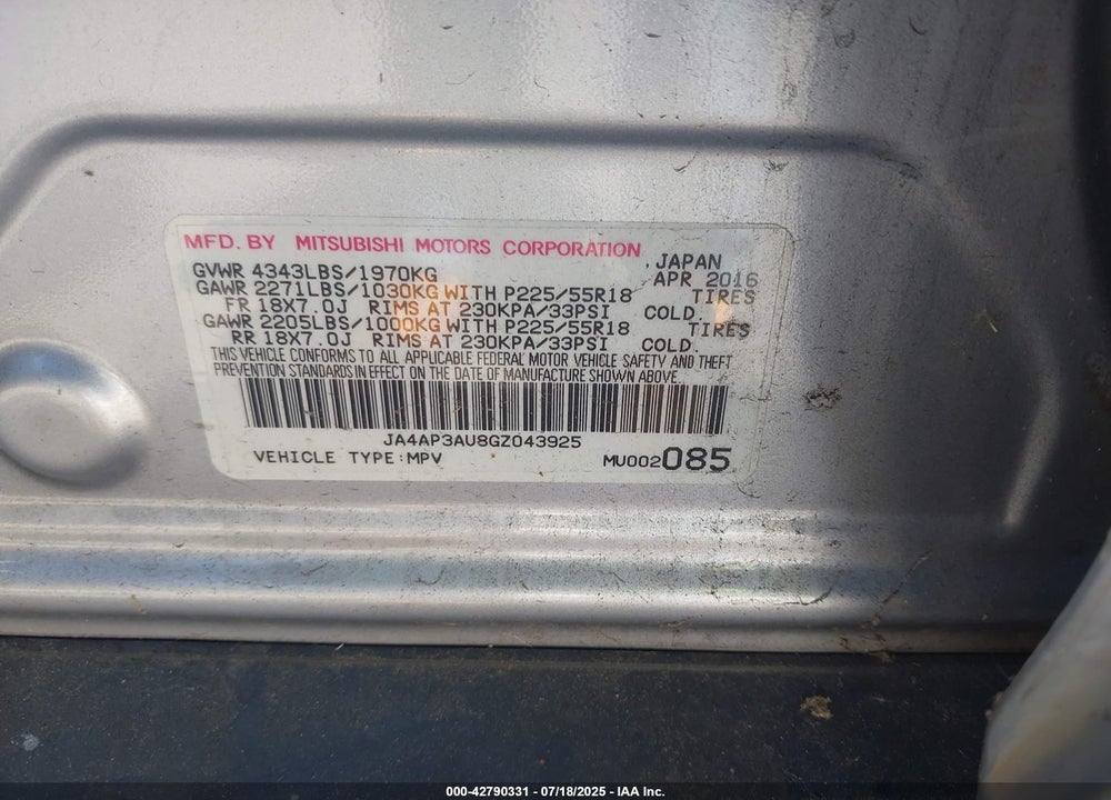 2016 MITSUBISHI OUTLANDER SPORT VIN: JA4AP3AU8GZ043925