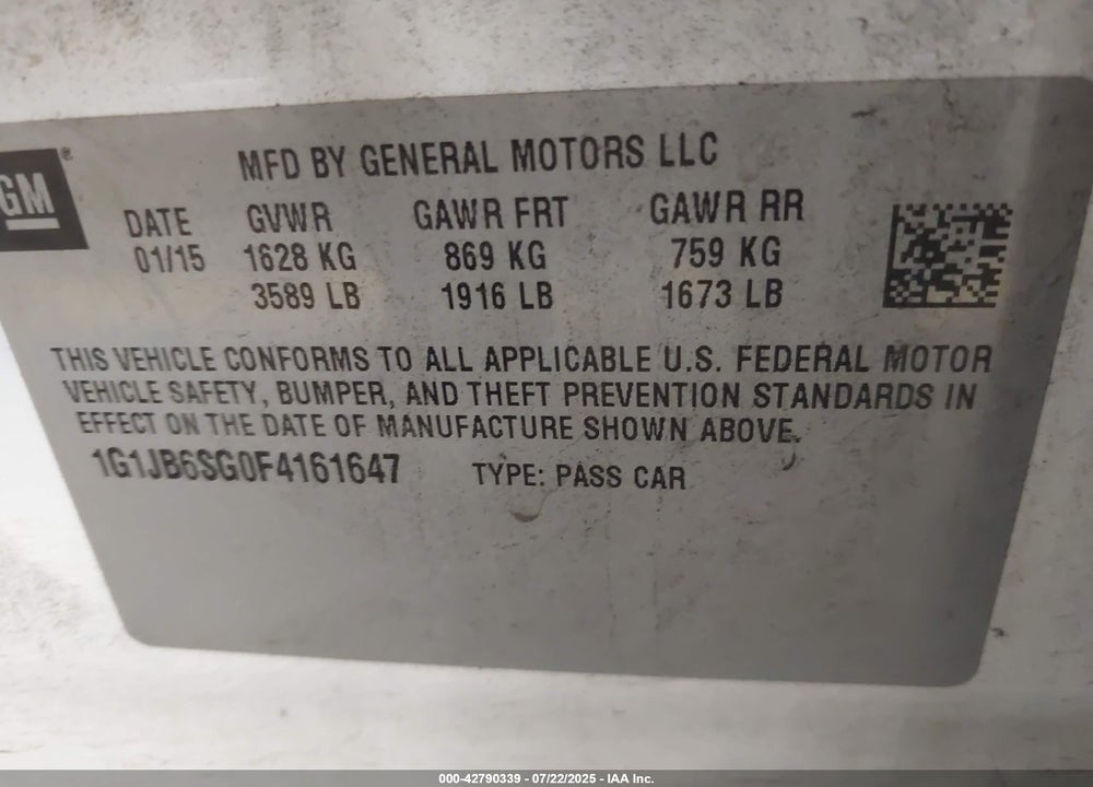 2015 CHEVROLET SONIC VIN: 1G1JB6SG0F4161647