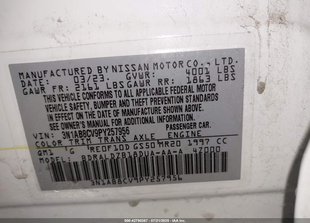 2023 NISSAN SENTRA VIN: 3N1AB8CV9PY257956