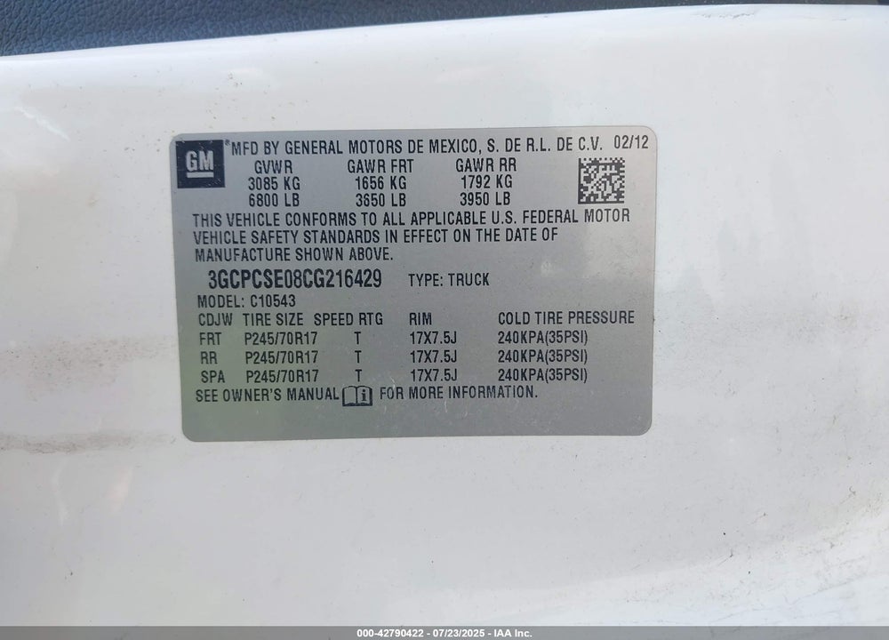 2012 CHEVROLET SILVERADO 1500 VIN: 3GCPCSE08CG216429
