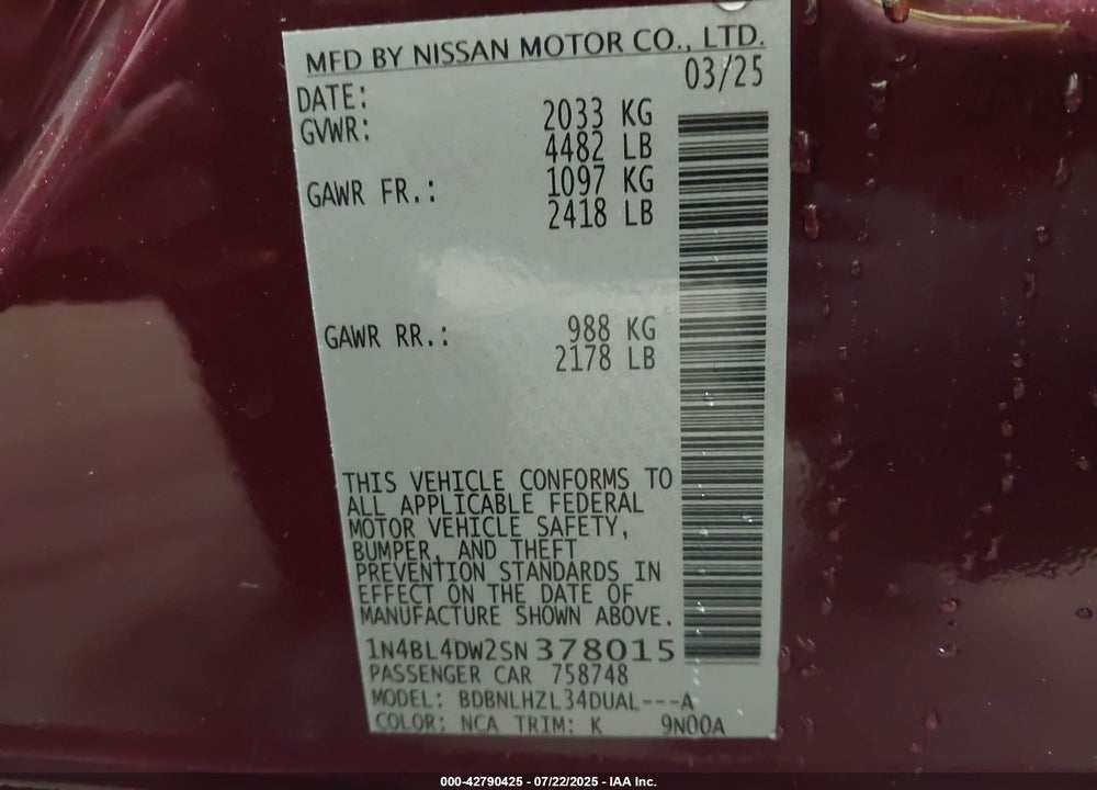 2025 NISSAN ALTIMA VIN: 1N4BL4DW2SN378015