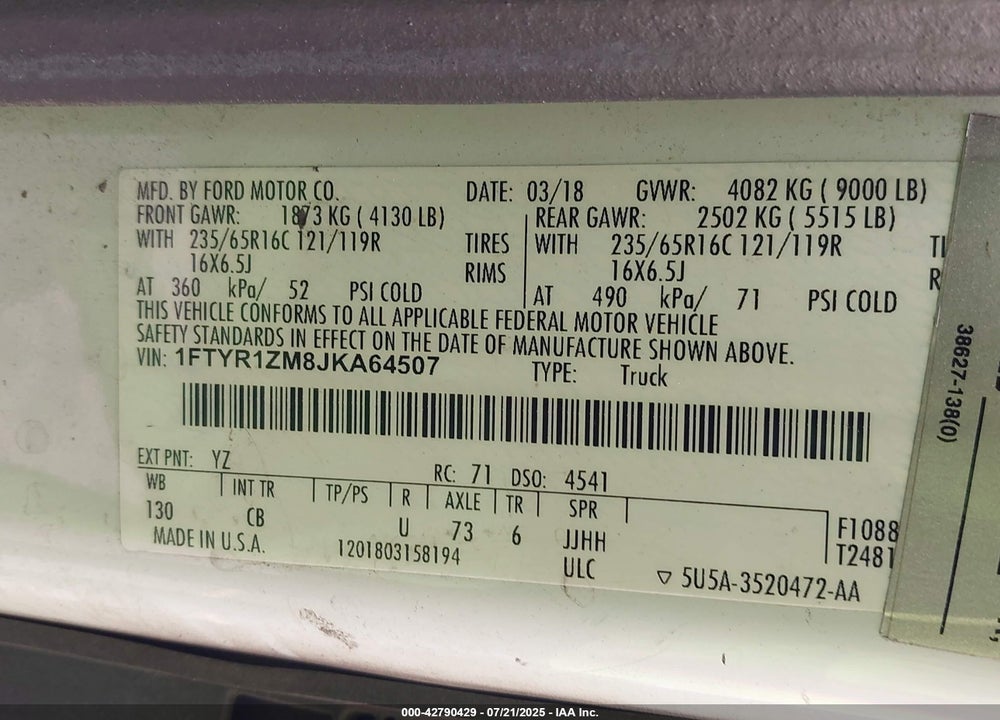 2018 FORD TRANSIT-250 VIN: 1FTYR1ZM8JKA64507