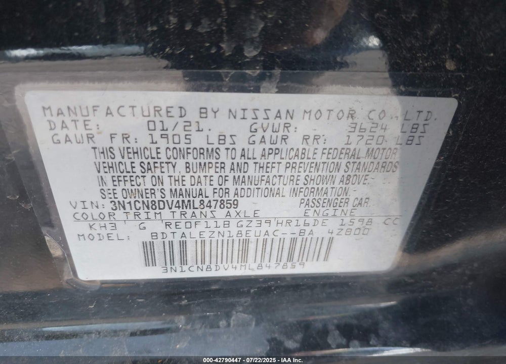 2021 NISSAN VERSA VIN: 3N1CN8DV4ML847859