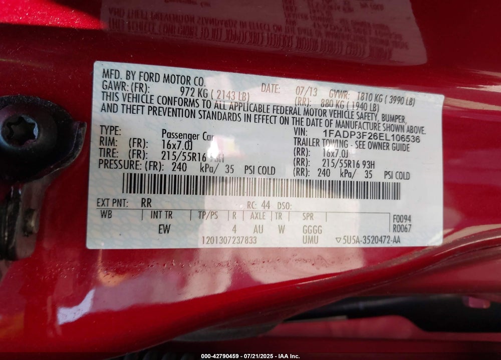 2014 FORD FOCUS VIN: 1FADP3F26EL106536