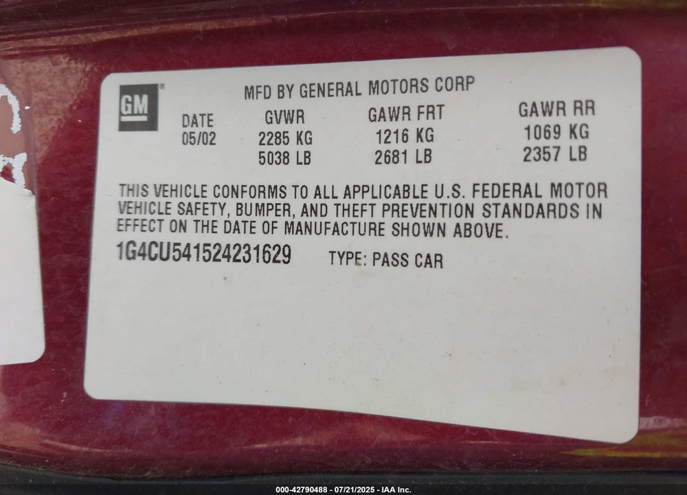 2002 BUICK PARK AVENUE ULTRA VIN: 1G4CU541524231629