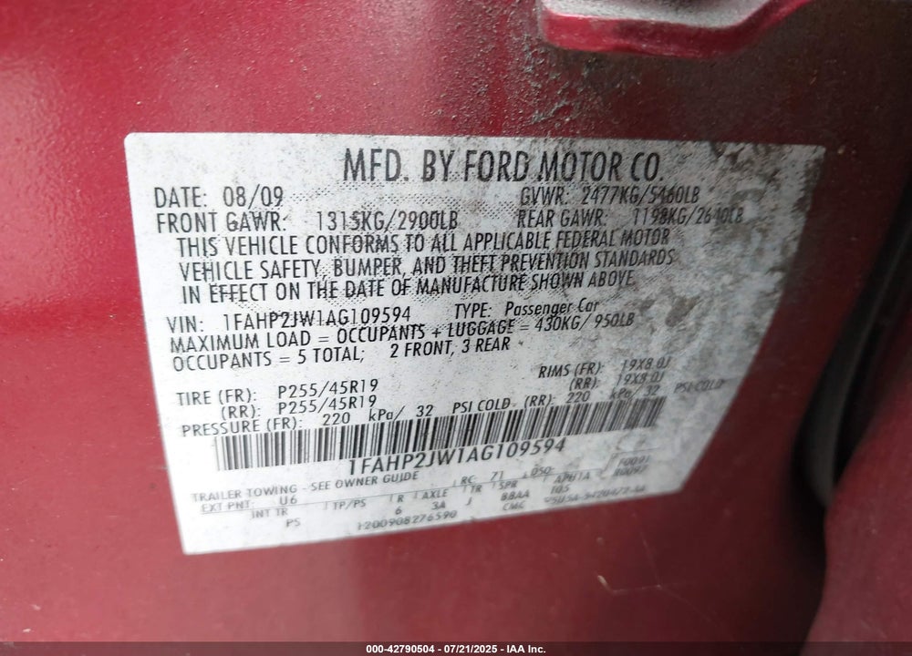 2010 FORD TAURUS VIN: 1FAHP2JW1AG109594
