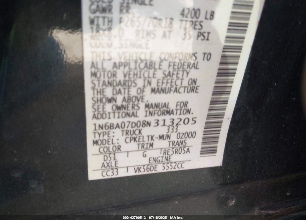 2008 NISSAN TITAN VIN: 1N6BA07D08N313205