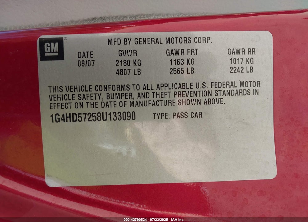 2008 BUICK LUCERNE VIN: 1G4HD57258U133090