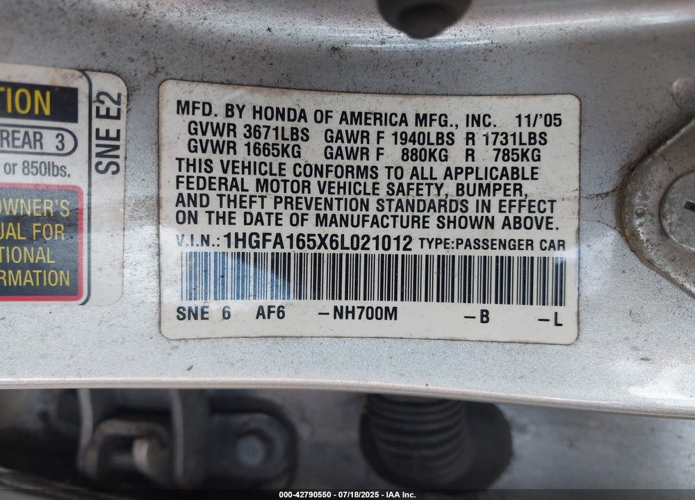 2006 HONDA CIVIC VIN: 1HGFA165X6L021012