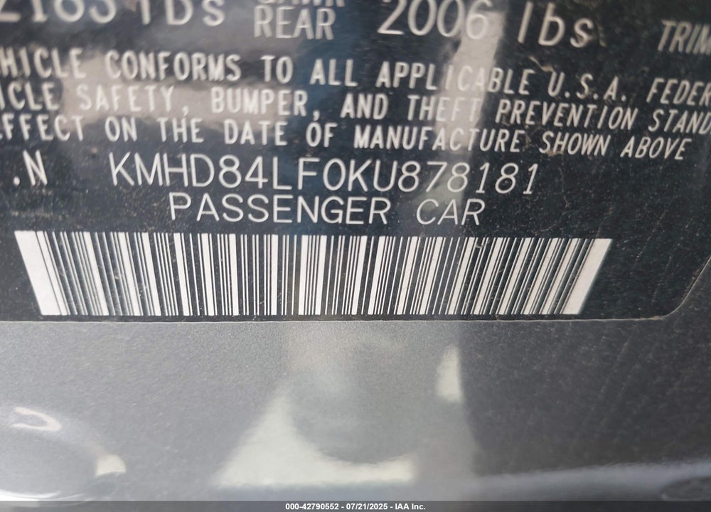 2019 HYUNDAI ELANTRA VIN: KMHD84LF0KU878181