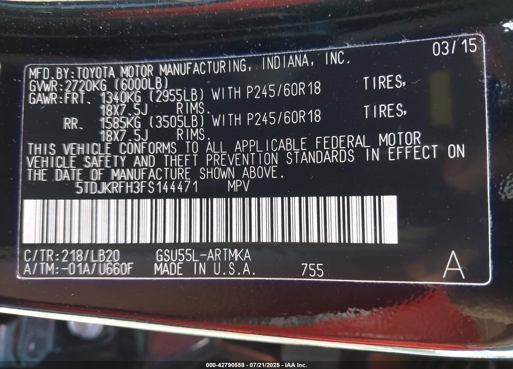 2015 TOYOTA HIGHLANDER XLE V6 VIN: 5TDJKRFH3FS144471
