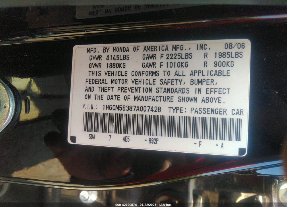 2007 HONDA ACCORD VIN: 1HGCM56387A007428