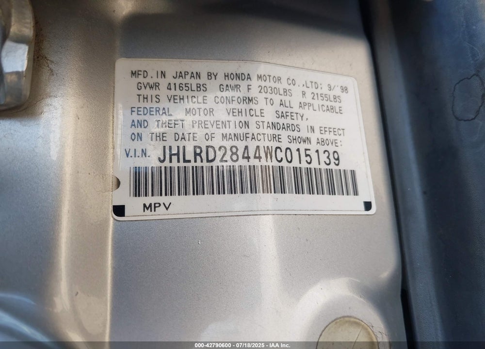 1998 HONDA CR-V LX VIN: JHLRD2844WC015139