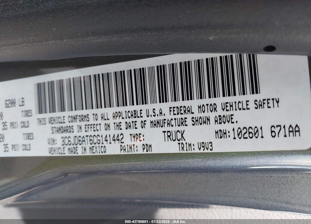 2012 RAM 1500 VIN: 3C6JD6AT6CG141442
