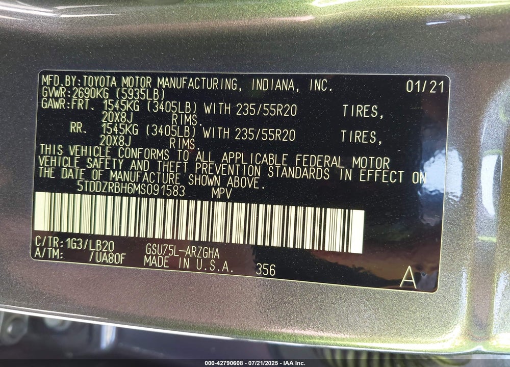 2021 TOYOTA HIGHLANDER VIN: 5TDDZRBH6MS091583