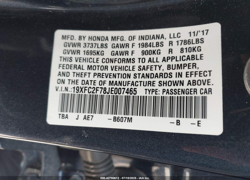 2018 HONDA CIVIC VIN: 19XFC2F78JE007465