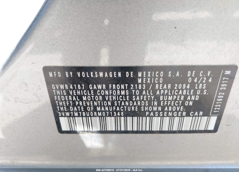 2024 VOLKSWAGEN JETTA VIN: 3VW7M7BU0RM071346