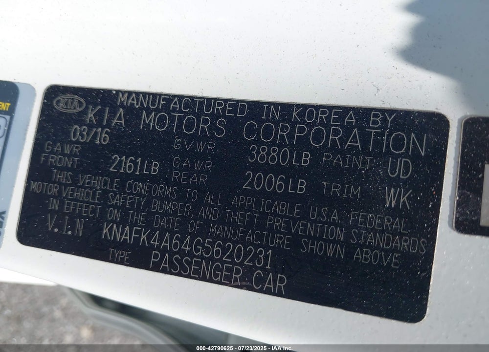 2016 KIA FORTE VIN: KNAFK4A64G5620231