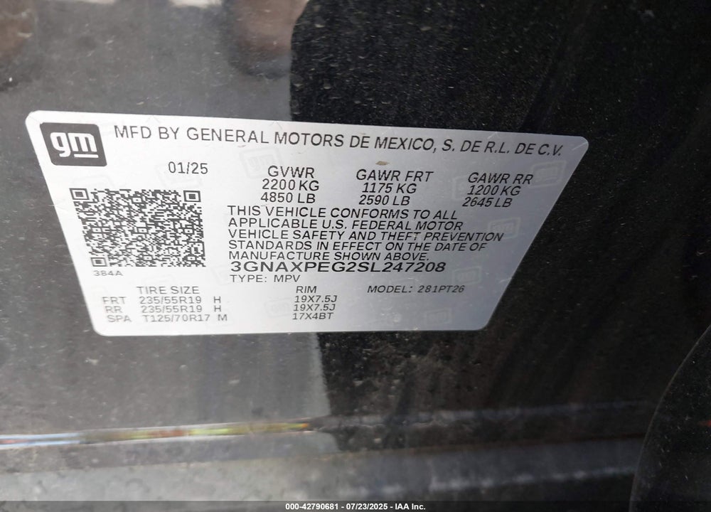 2025 CHEVROLET EQUINOX VIN: 3GNAXPEG2SL247208