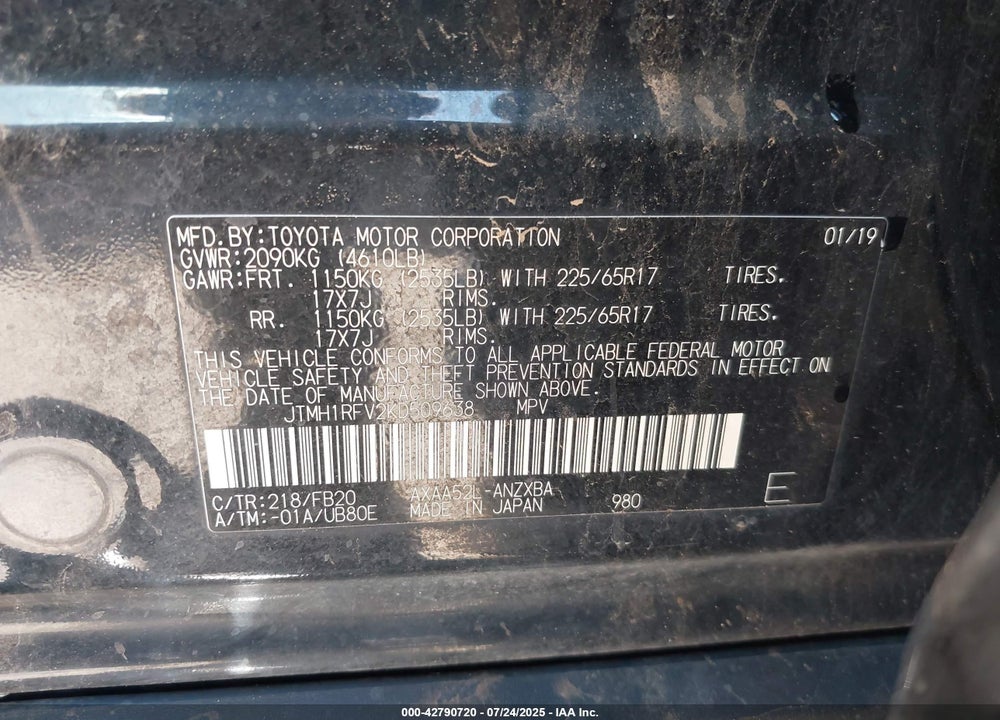 2019 TOYOTA RAV4 VIN: JTMH1RFV2KD509638