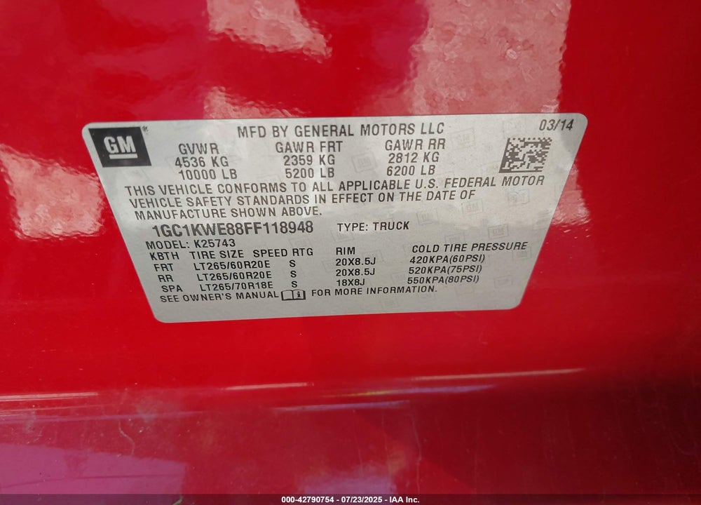 2015 CHEVROLET SILVERADO 2500 VIN: 1GC1KWE88FF118948