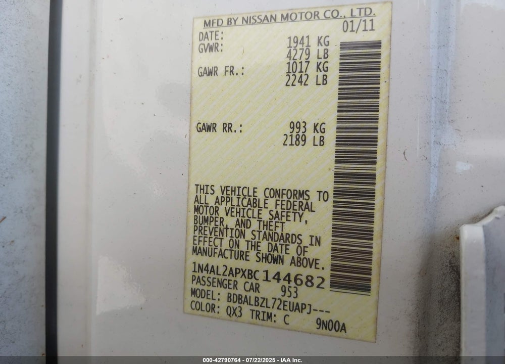 2011 NISSAN ALTIMA VIN: 1N4AL2APXBC144682