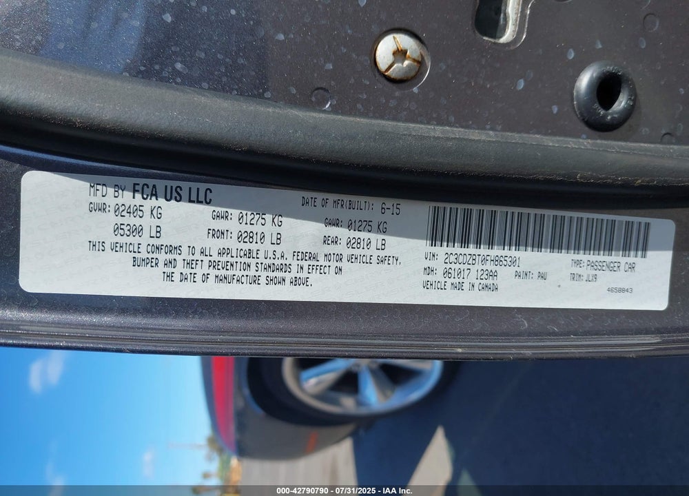 2015 DODGE CHALLENGER VIN: 2C3CDZBT0FH865301