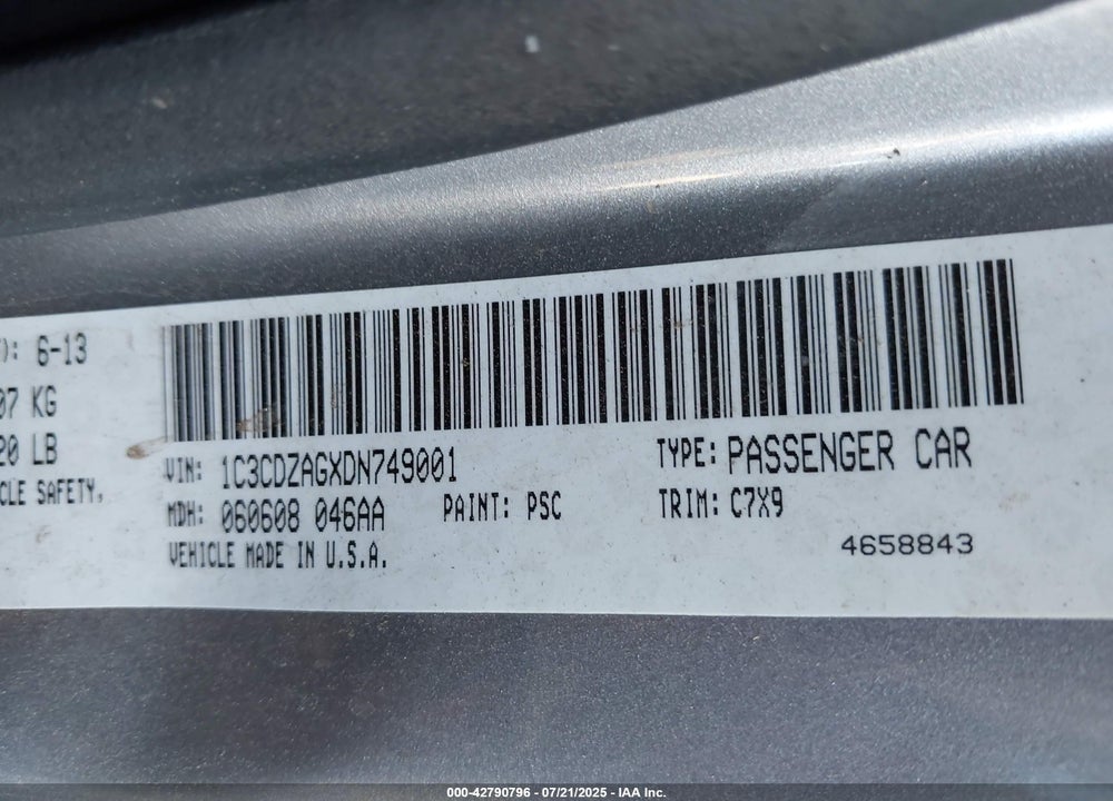 2013 DODGE AVENGER VIN: 1C3CDZAGXDN749001