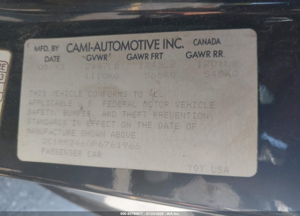 1993 GEO METRO VIN: 2C1MR2460P6761966
