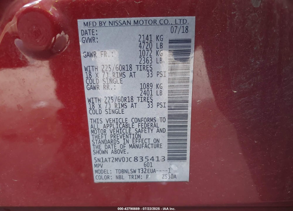 2018 NISSAN ROGUE VIN: 5N1AT2MV0JC835413