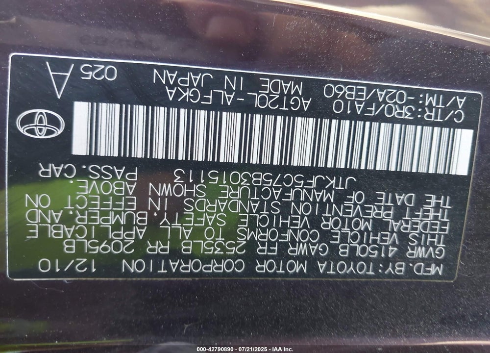 2011 SCION TC VIN: JTKJF5C75B3015113
