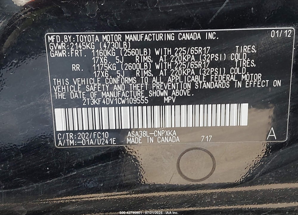 2012 TOYOTA RAV4 VIN: 2T3KF4DV1CW109555