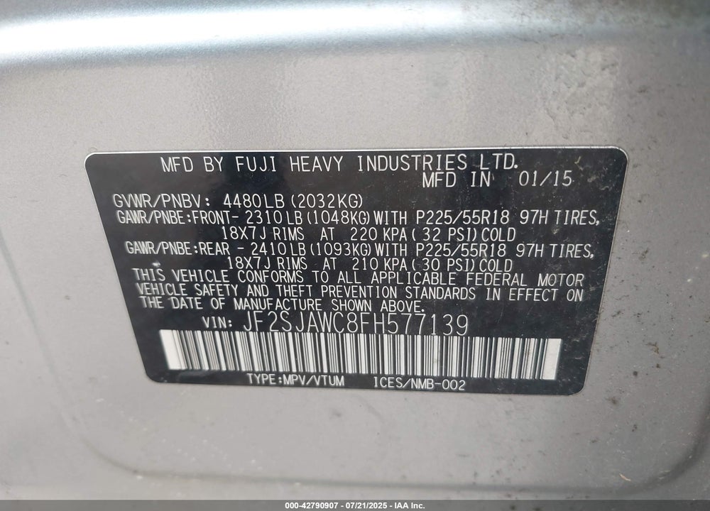 2015 SUBARU FORESTER 2.5I TOURING VIN: JF2SJAWC8FH577139