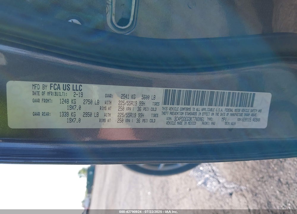 2019 DODGE JOURNEY VIN: 3C4PDDEG3KT702061