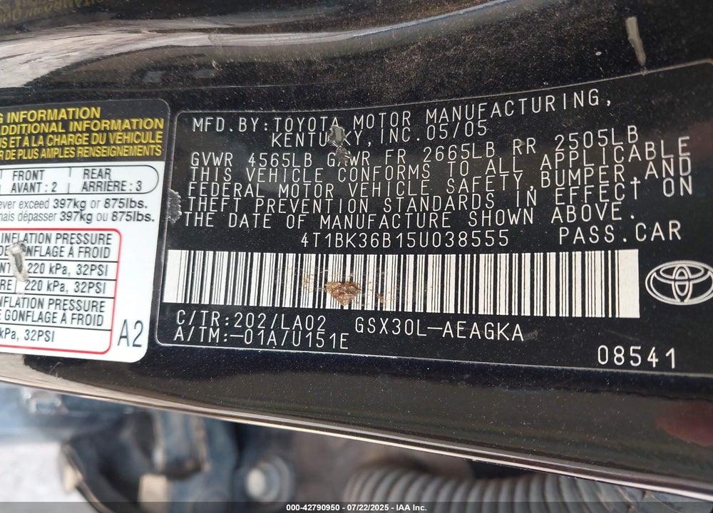 2005 TOYOTA AVALON XL/XLS/TOURING/LIMITED VIN: 4T1BK36B15U038555