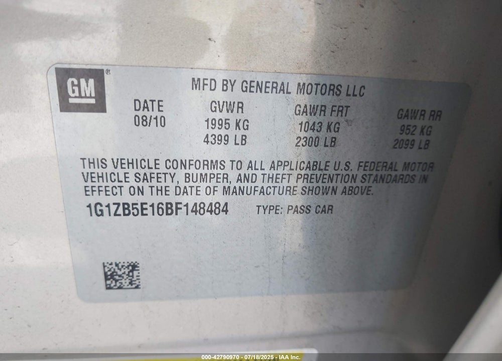 2011 CHEVROLET MALIBU VIN: 1G1ZB5E16BF148484