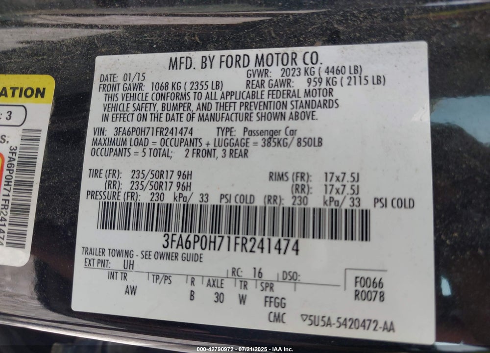 2015 FORD FUSION SE VIN: 3FA6P0H71FR241474