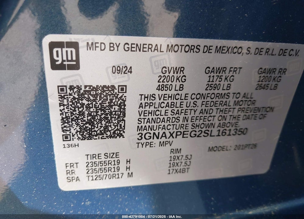 2025 CHEVROLET EQUINOX VIN: 3GNAXPEG2SL161350