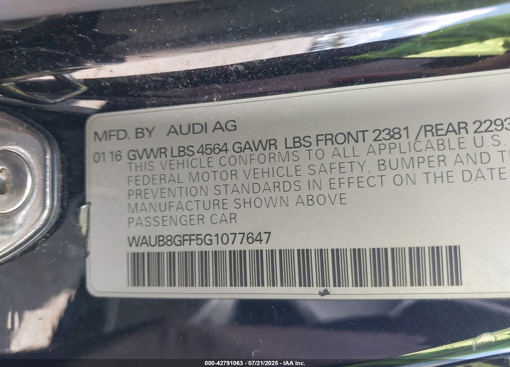 2016 AUDI A3 VIN: WAUB8GFF5G1077647