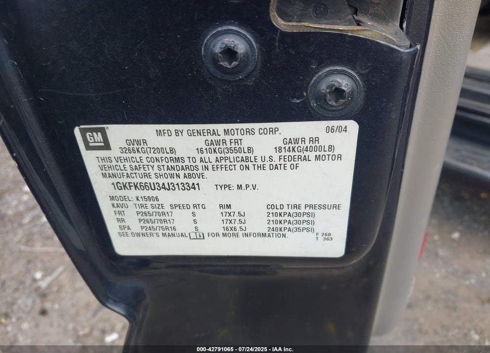 2004 GMC YUKON XL 1500 DENALI VIN: 1GKFK66U34J313341
