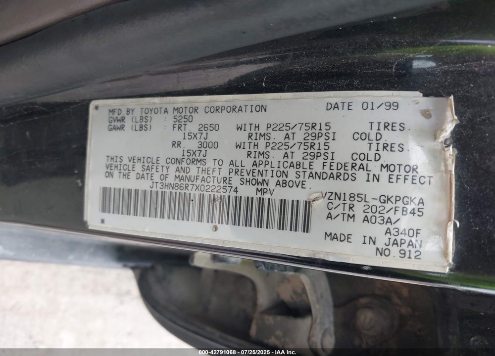 1999 TOYOTA 4RUNNER VIN: JT3HN86R7X0222574