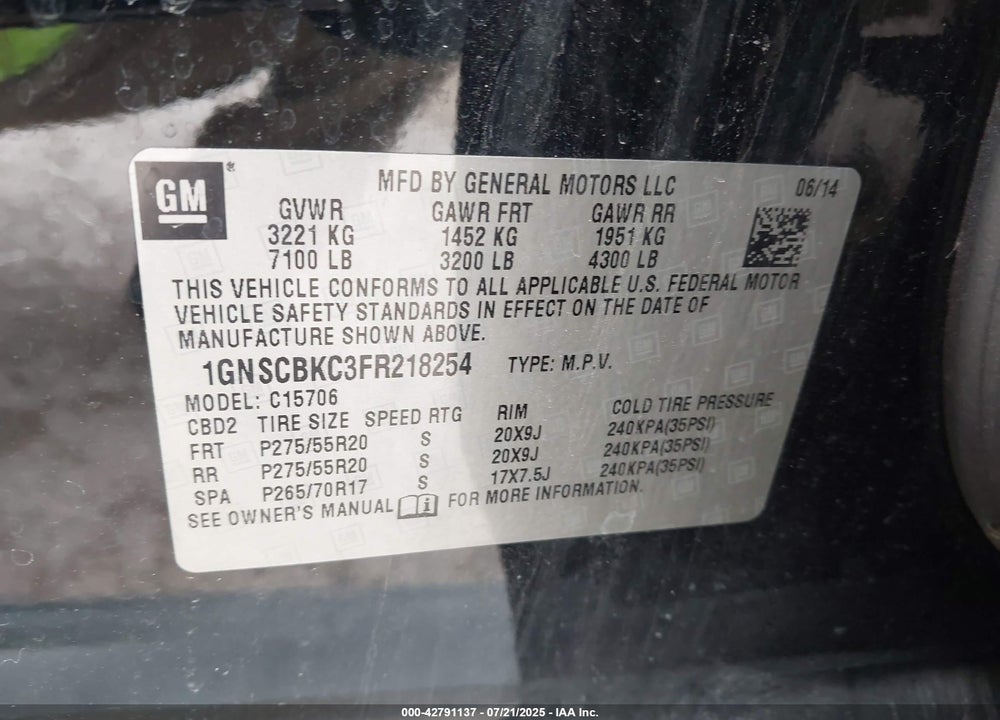 2015 CHEVROLET TAHOE LT VIN: 1GNSCBKC3FR218254