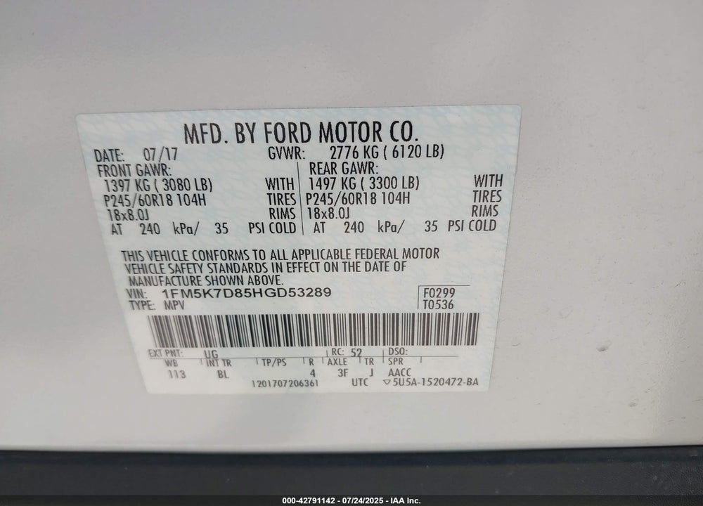 2017 FORD EXPLORER VIN: 1FM5K7D85HGD53289